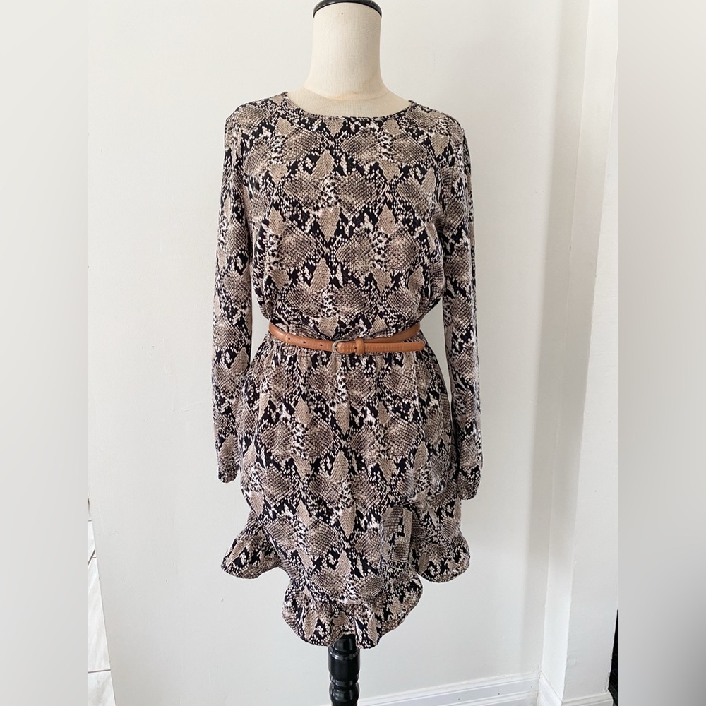 Joe Fresh Snakeskin Print Ruffle Hem Long Sleeve Dress – Size Small